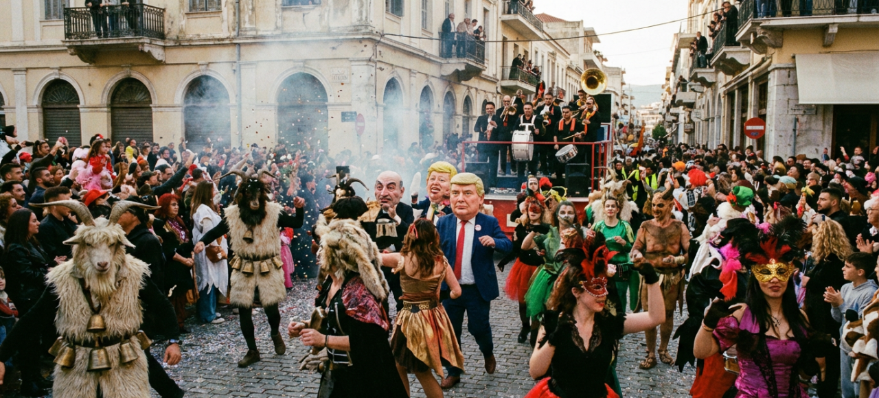 Colorful Apokries celebration in Greece with locals wearing carnival masks and costumes during the traditional Greek Carnival before Lent