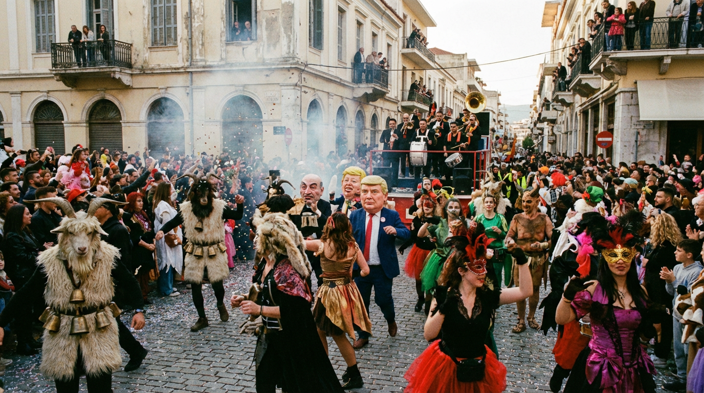 Colorful Apokries celebration in Greece with locals wearing carnival masks and costumes during the traditional Greek Carnival before Lent